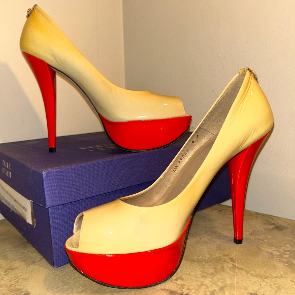 Stuart Weitzman patent leather peep toe heels (US 9)
